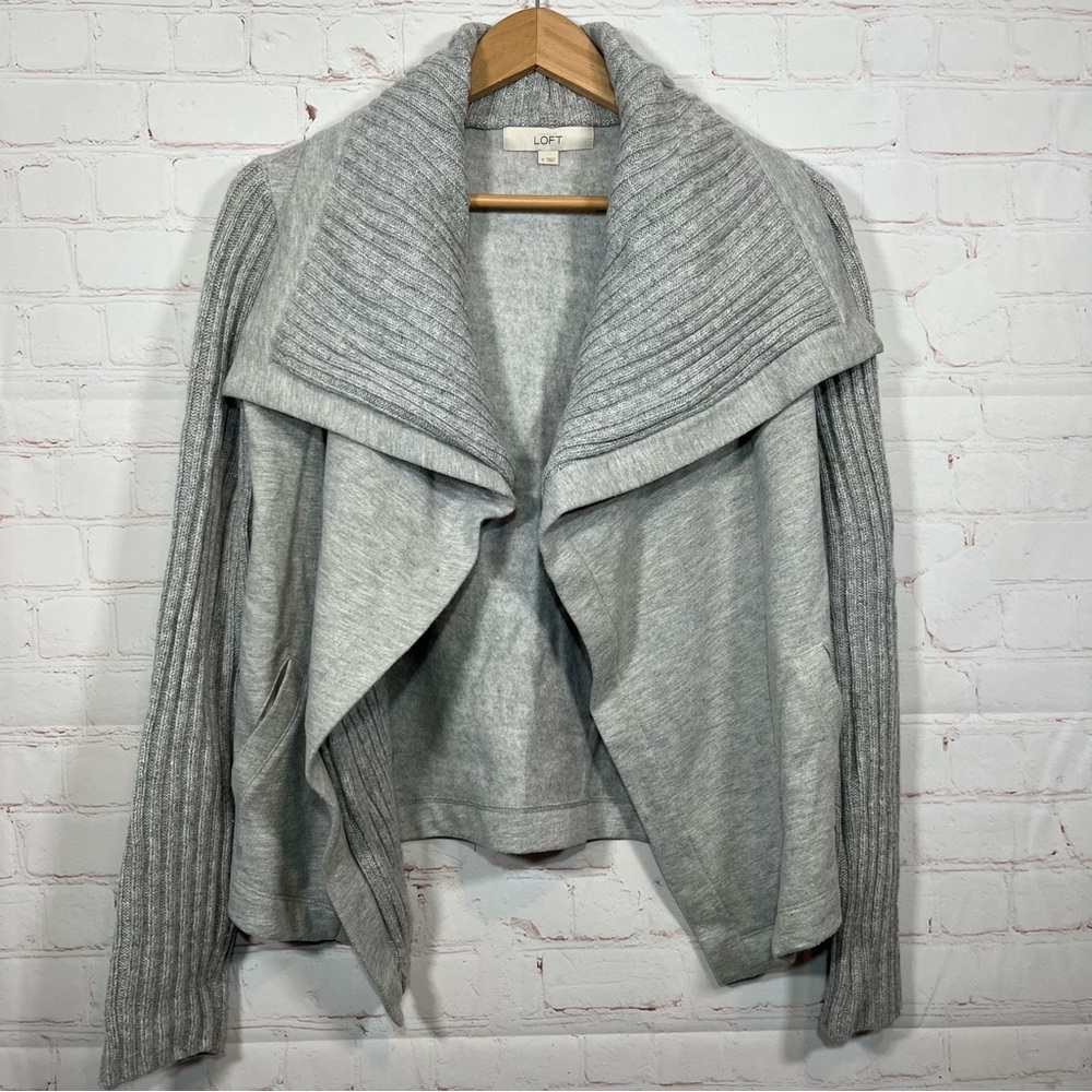 Ann Taylor Loft Sweater Cardigan Womens Small Gray Wool Blend Cable Knit